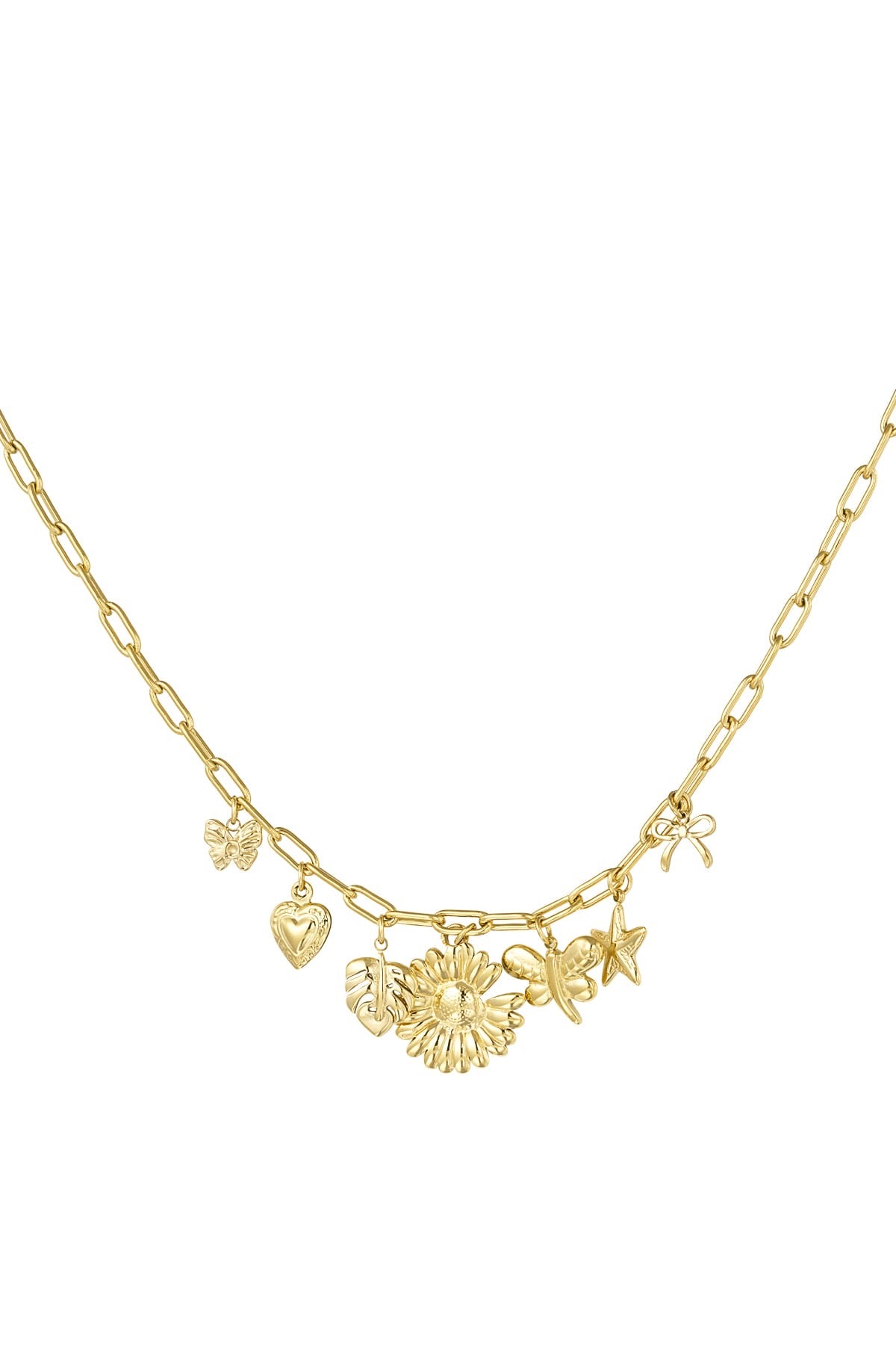 Bedelketting goudkleurig met hangers van bloemen, vlinder, ster, strikjes en hart