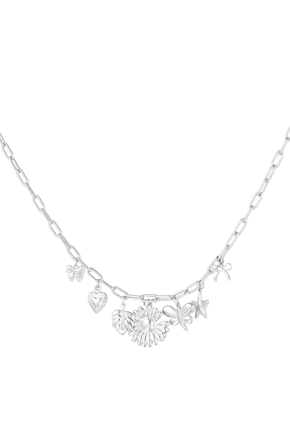 Bedelketting zilver met hangers van hart, ster, bloem, vlinder en strik