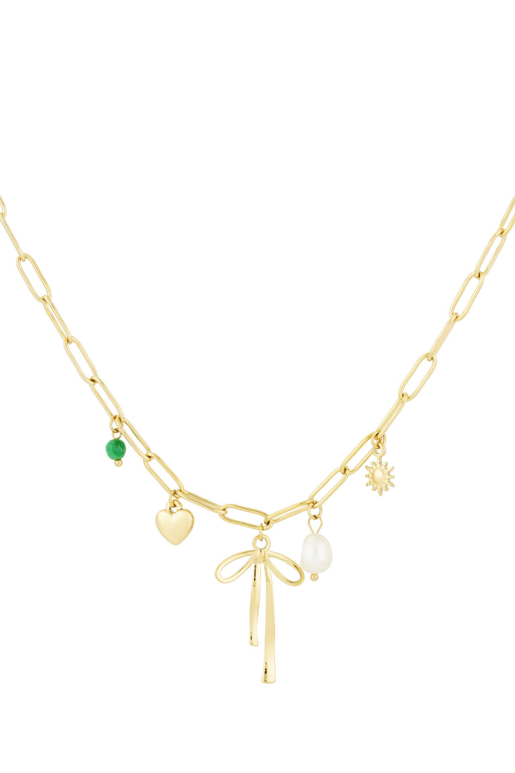 Schakelketting met bedels van strik, hart en parel in het goud