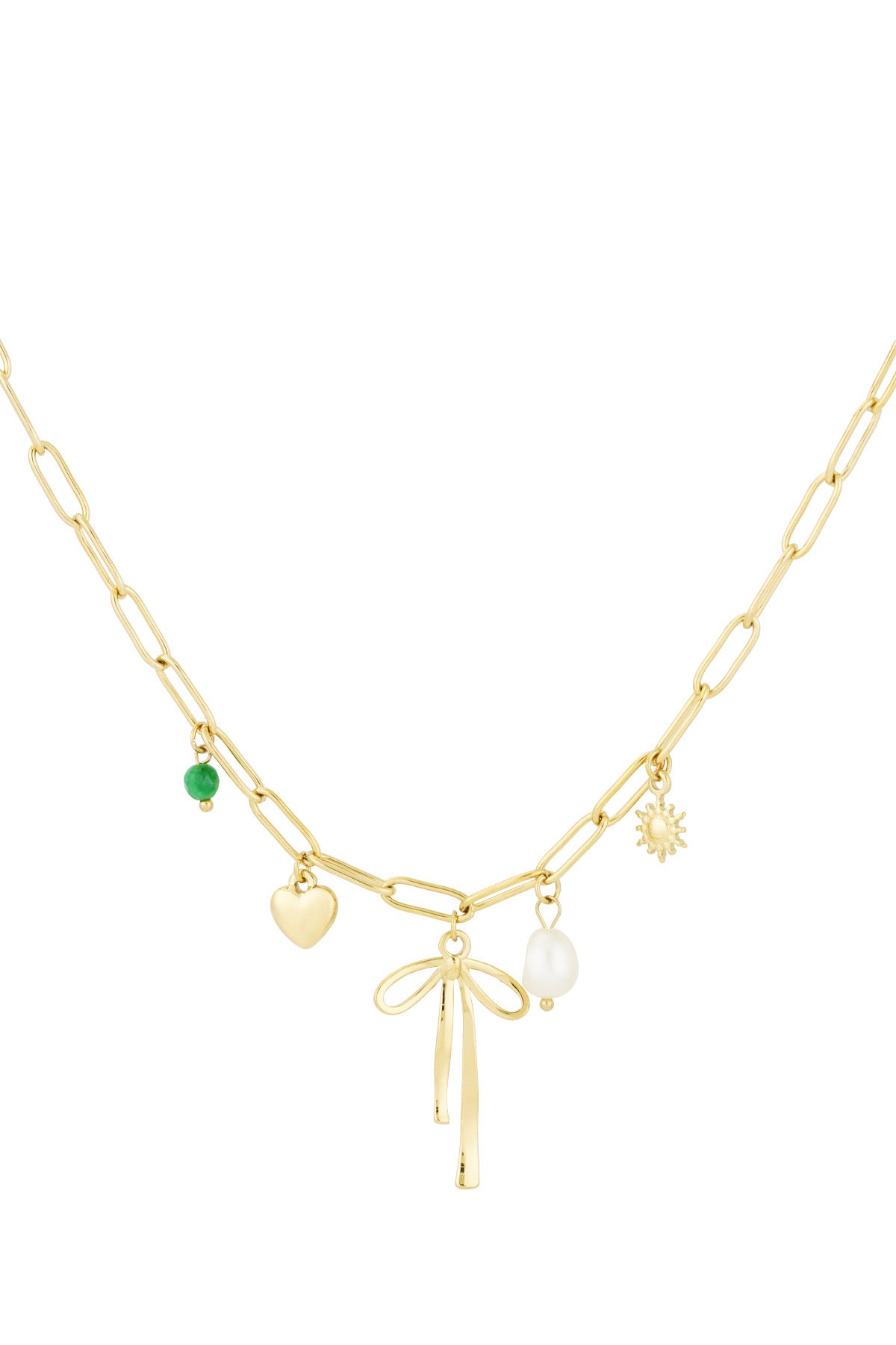 Schakelketting met bedels van strik, hart en parel in het goud