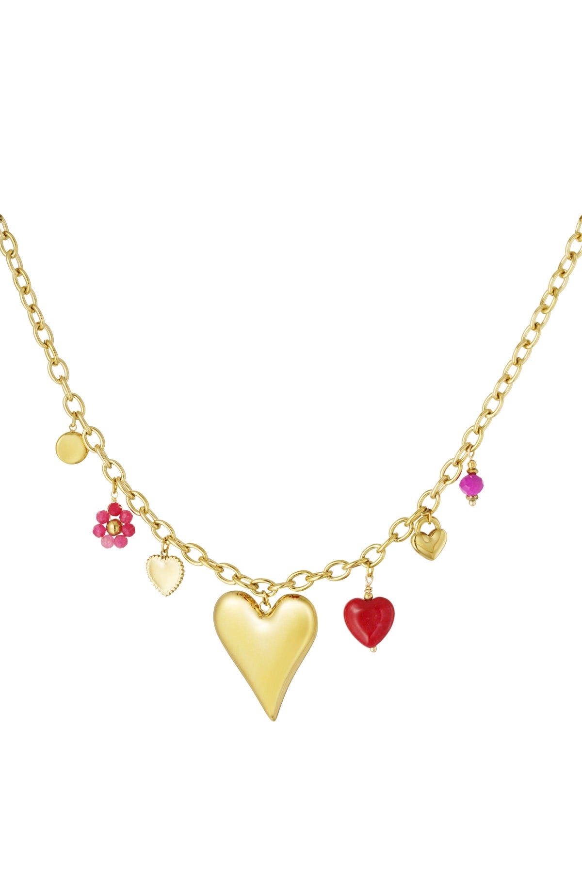 Statement bedelketting met hart bedels en kleur in goud