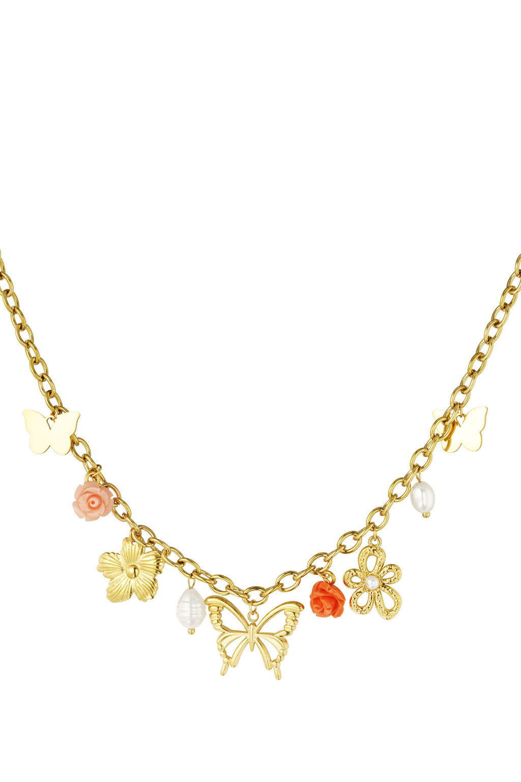 Bedelketting schakels verschillende bedels van vlinder, bloemen en parels in het goud