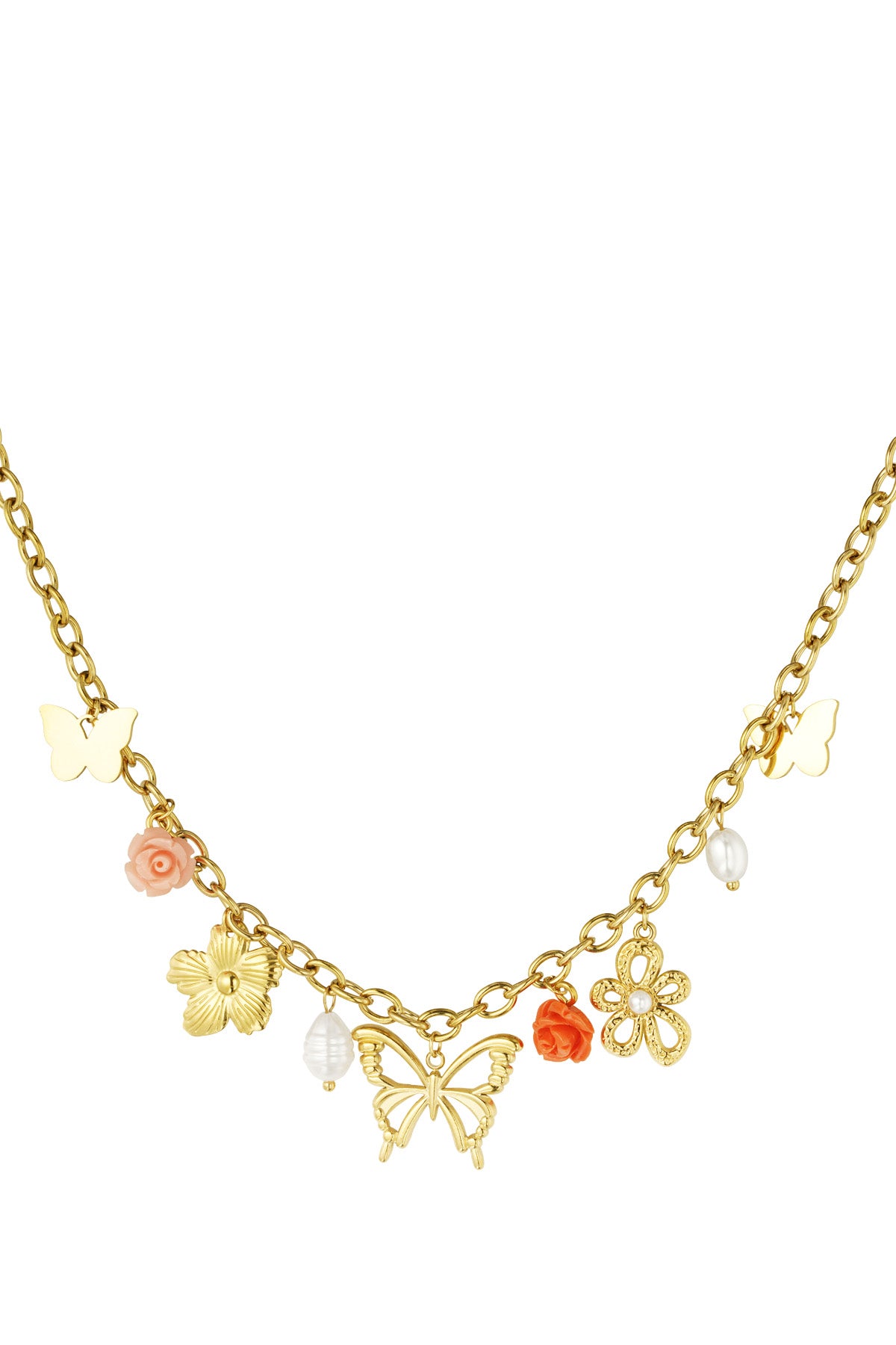Bedelketting schakels verschillende bedels van vlinder, bloemen en parels in het goud