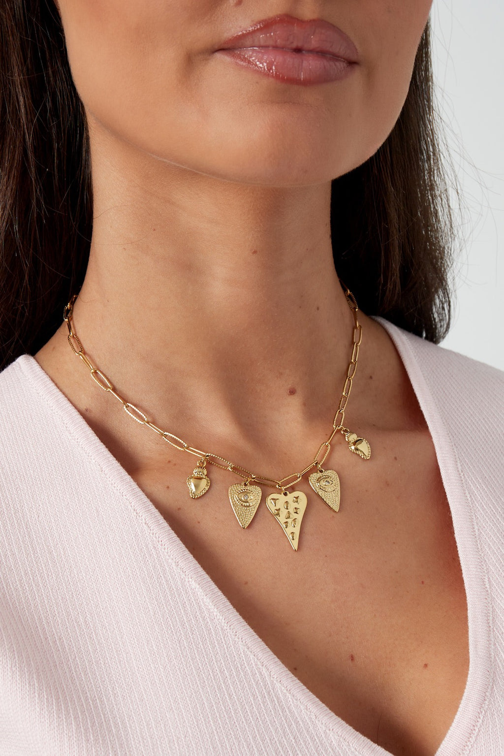Opvallende statement hartjes ketting goudkleurig stainless steel