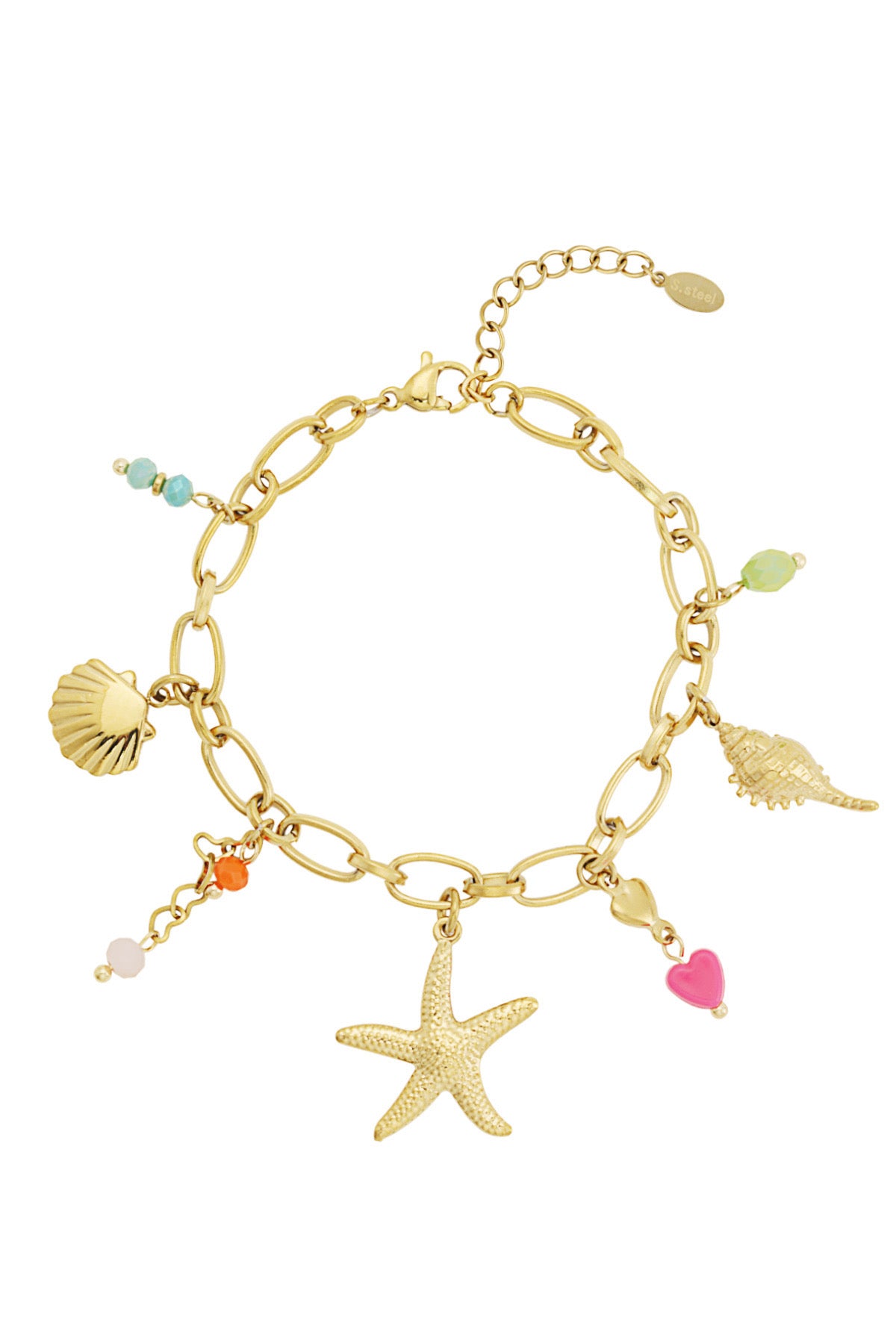 Zomerse bedelarmband met kleurrijke hangers in het goud
