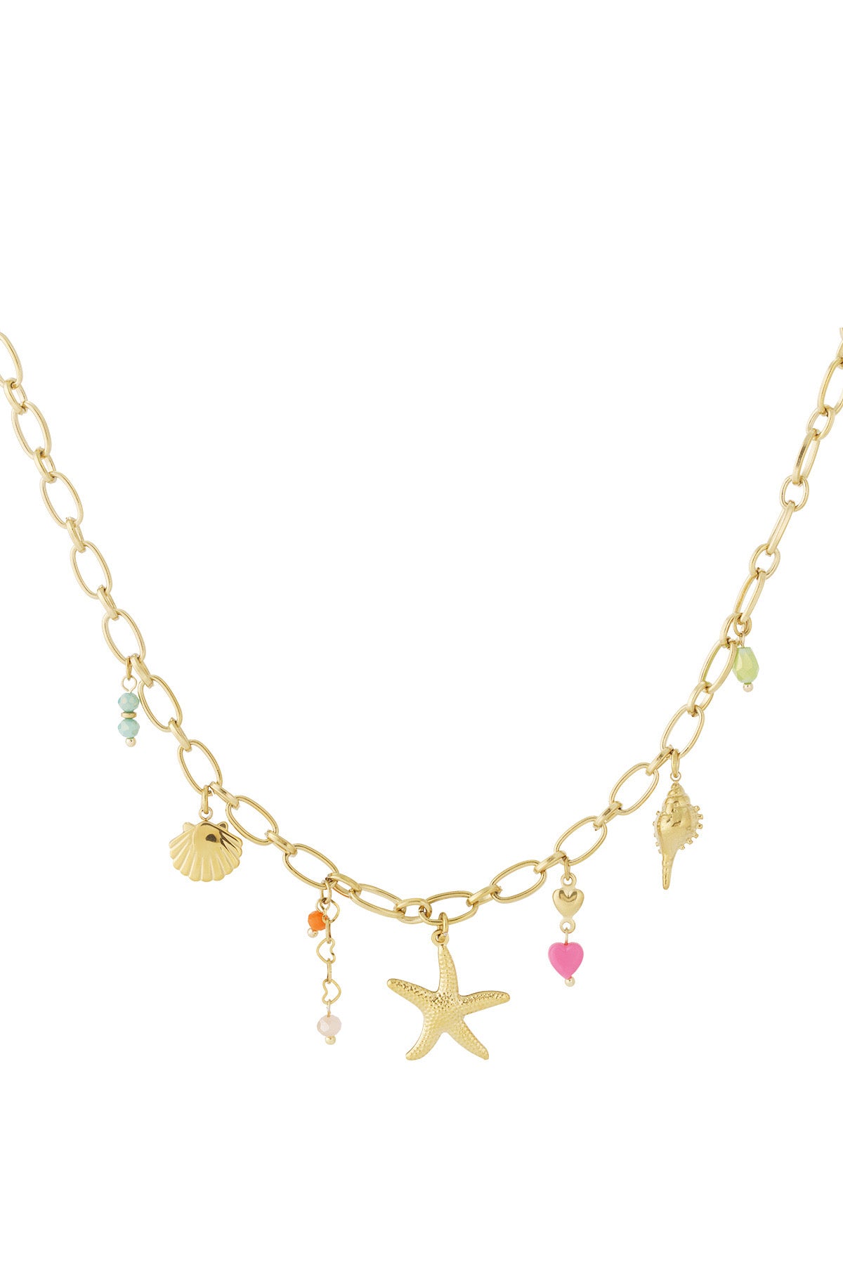 Bedelketting met zomerse en kleurrijke bedels in het goud