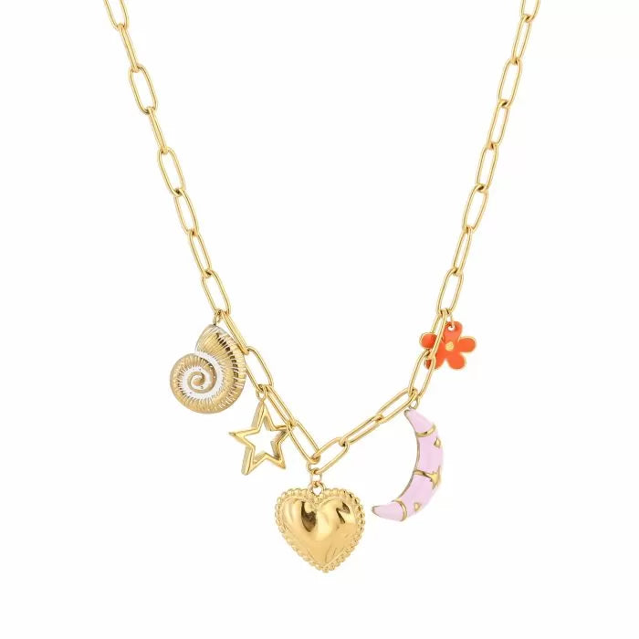 Bedelketting met verschillende gekleurde bedels goudkleurig