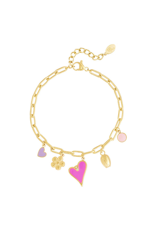Subtiele bedelarmband hartjes en bloemen in goud