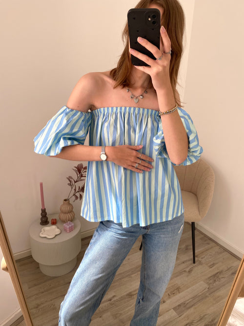 Top met off shoulder effect, korte mouw en strepen in het blauw