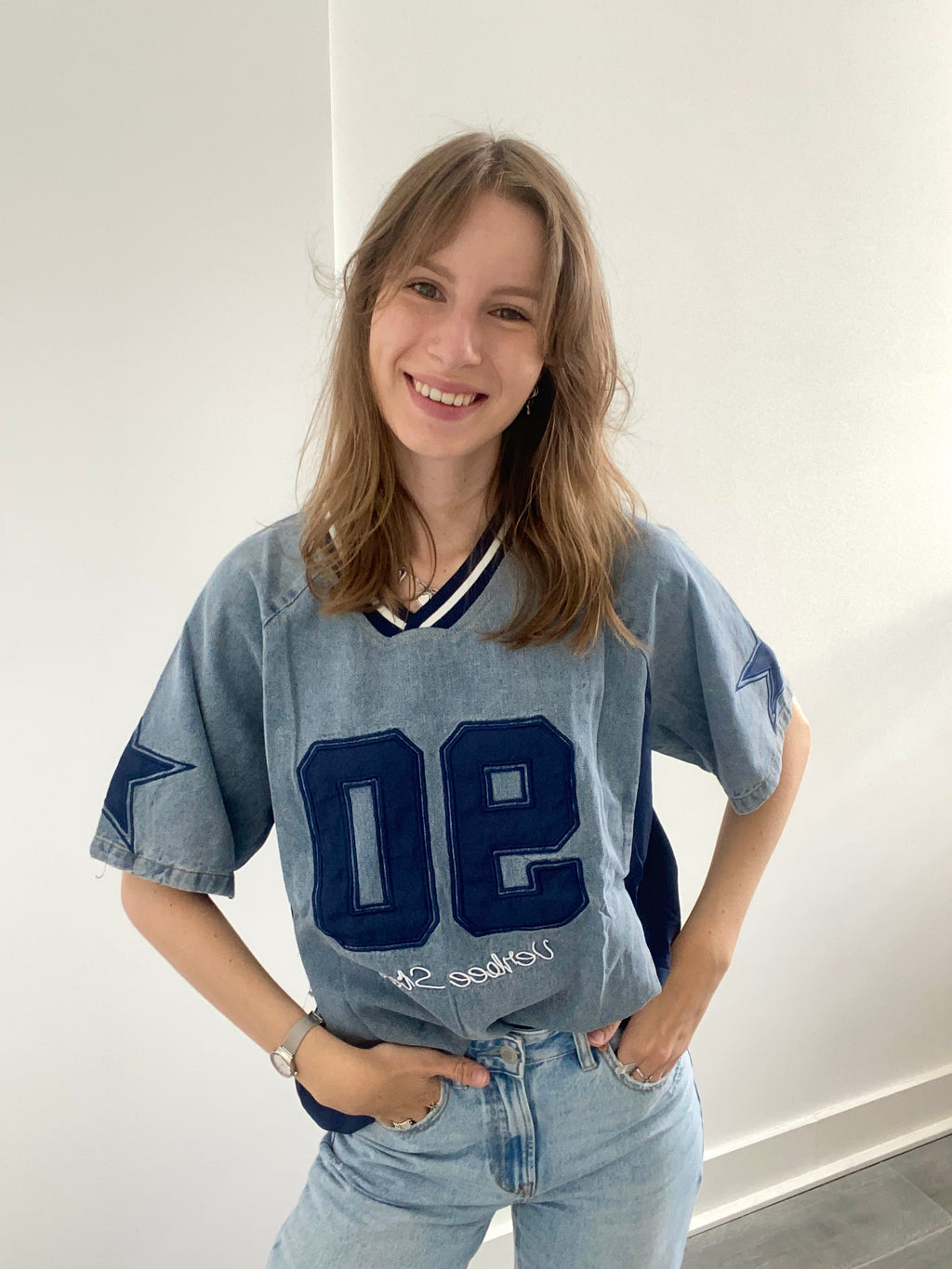 Oversized denim shirt met korte mouwen