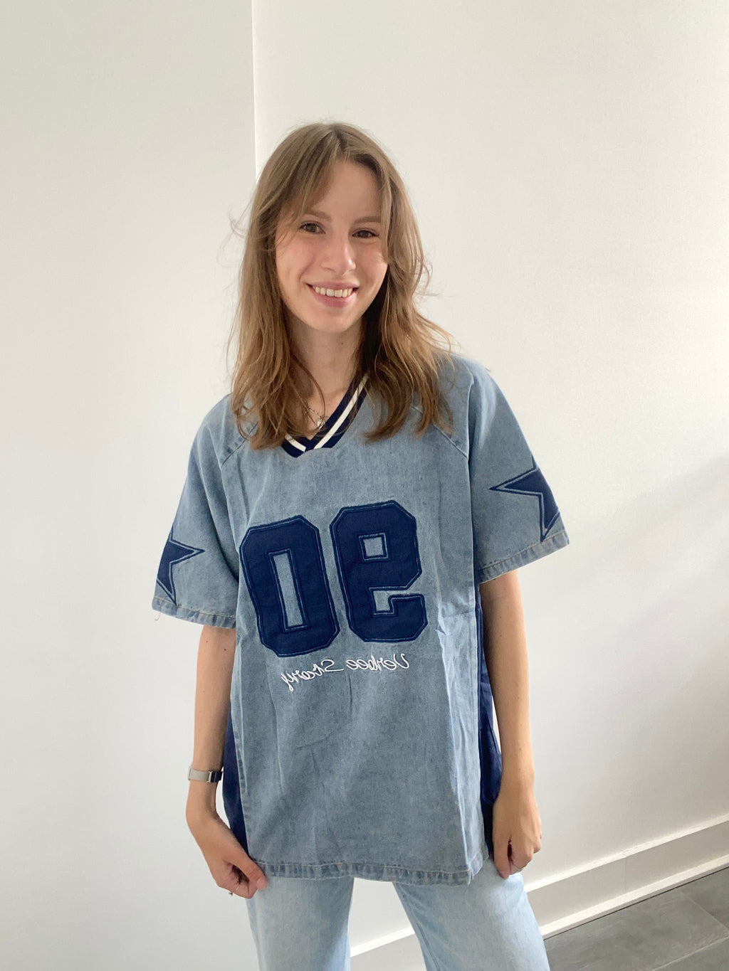 Oversized denim shirt met korte mouwen