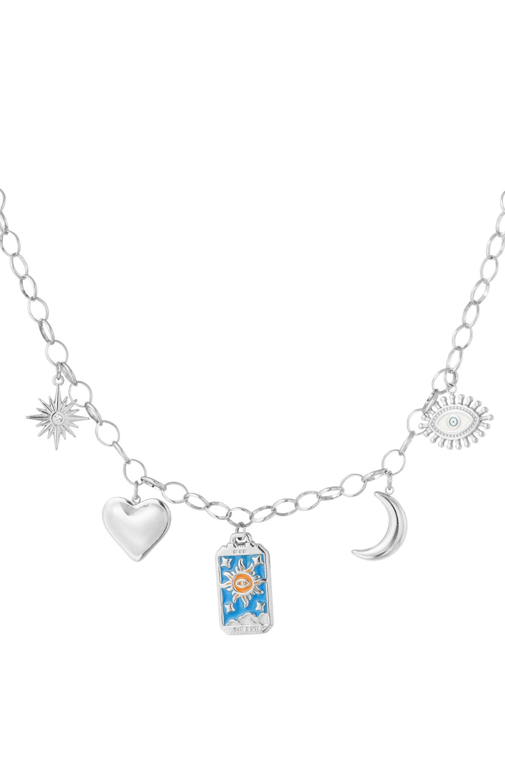 Bedelketting met verschillende bedels in zilver