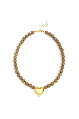 Chunky Heart Beaded Necklace - Brown
