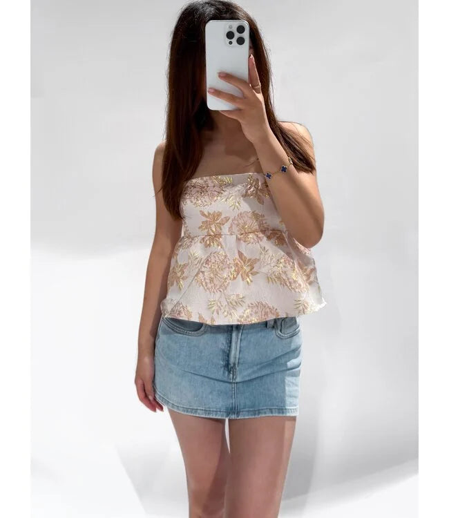 Mouwloze tube top met bloemenprint roze