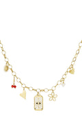 Bedelketting statement goud schakels met bedels van bloem, kersjes, hart en parels