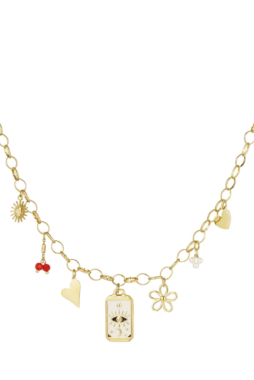 Bedelketting statement goud schakels met bedels van bloem, kersjes, hart en parels
