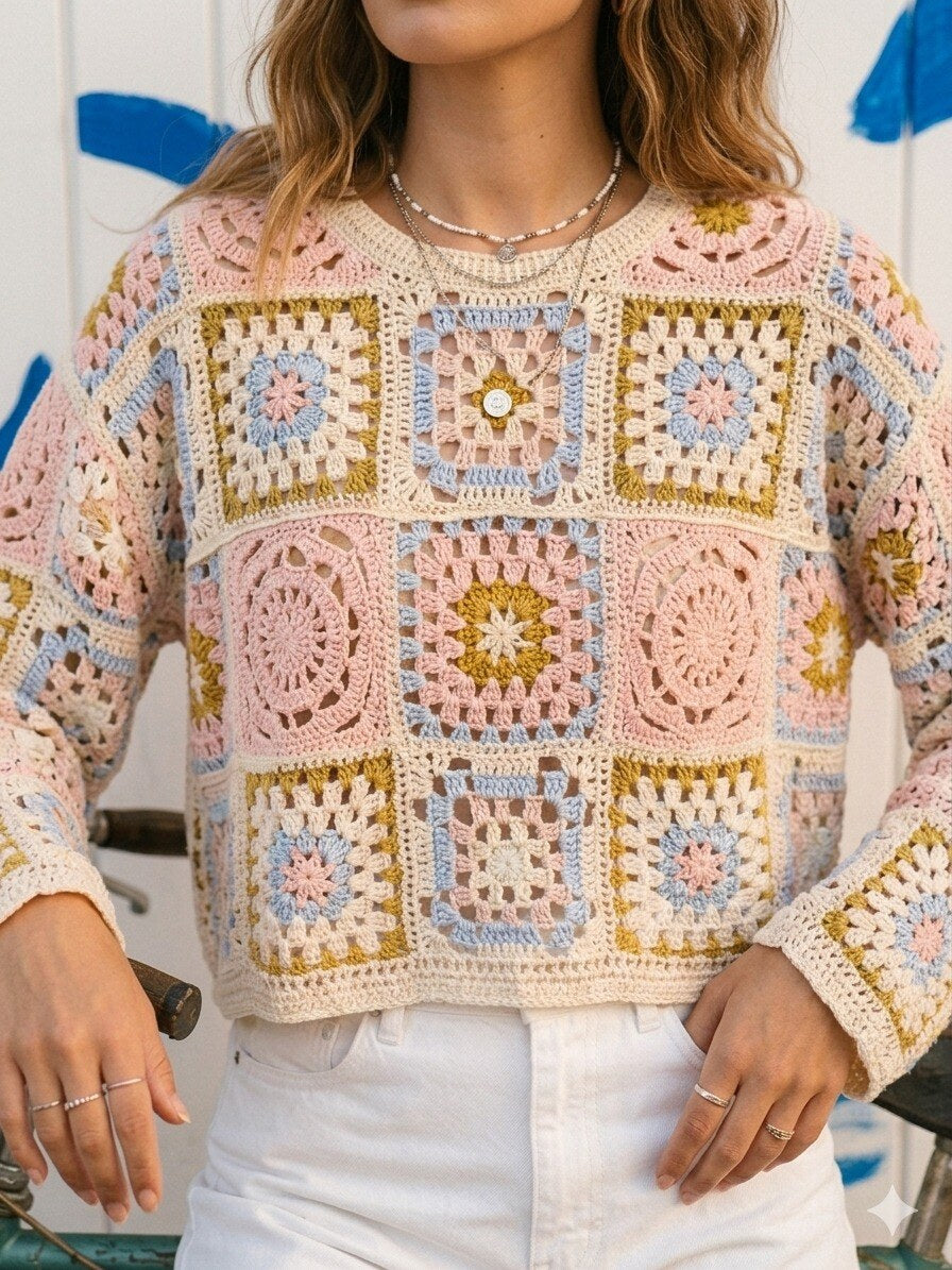 Gehaakte top met lange mouwen in het beige met vrolijke print in het geel, roze en blauw