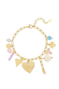 Statement armband bedels van harten en bloemen met kleur in goud