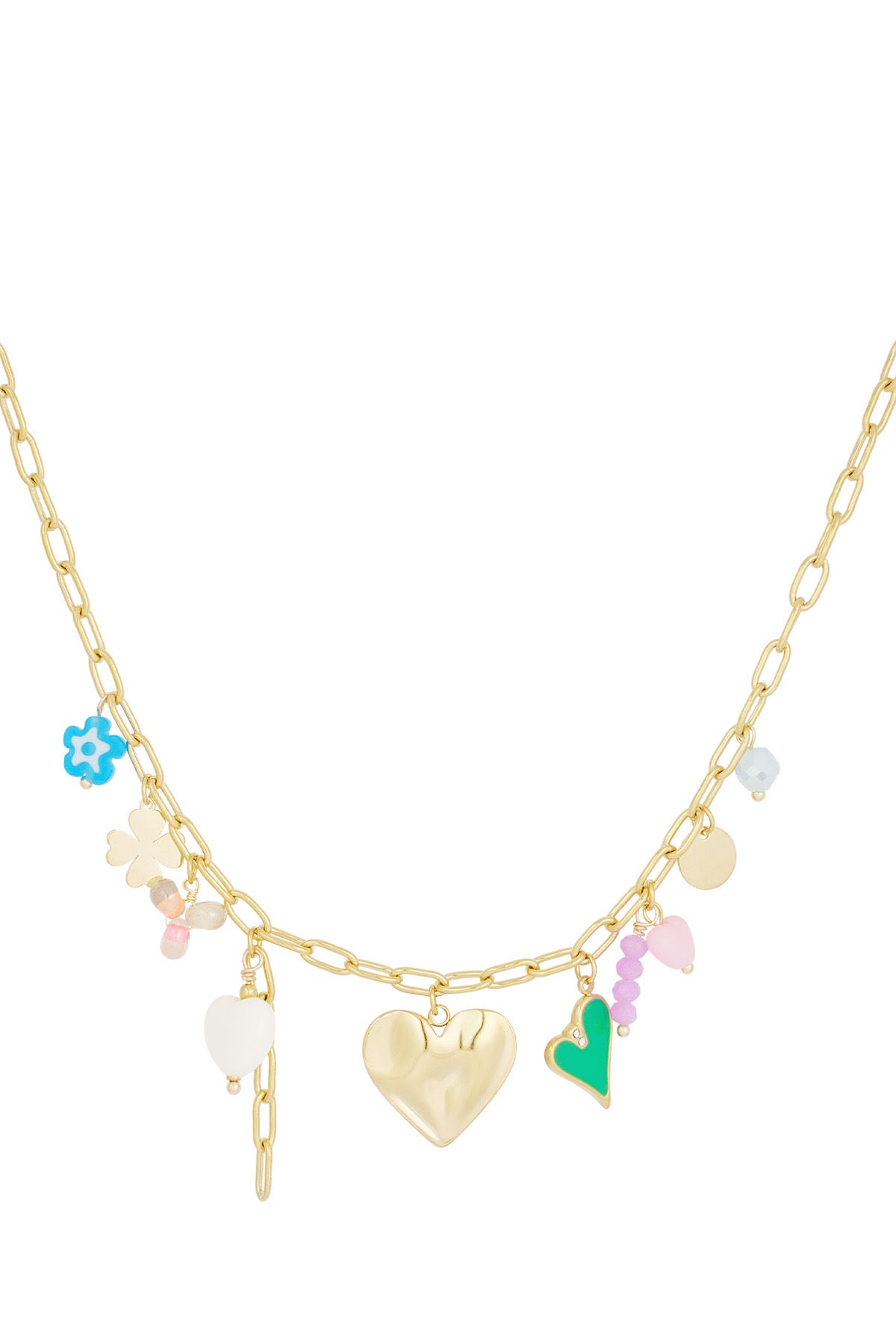Bedelketting met verschillende bedels in het goud stainless steel