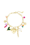 Bedelarmband statement en kleurrijke in het goud met bedels van hartjes, bloemen en kraaltjes