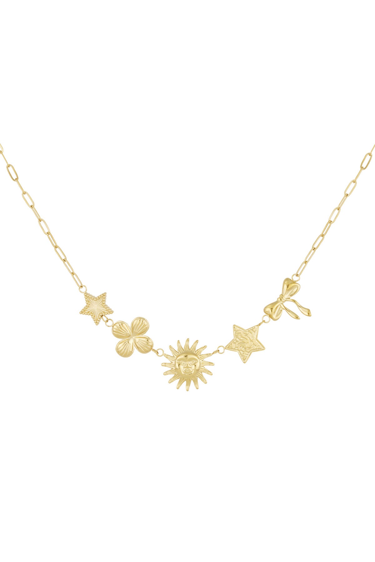 Statement ketting met verschillende figuurtjes van bloem, zon, ster en strik in het goud