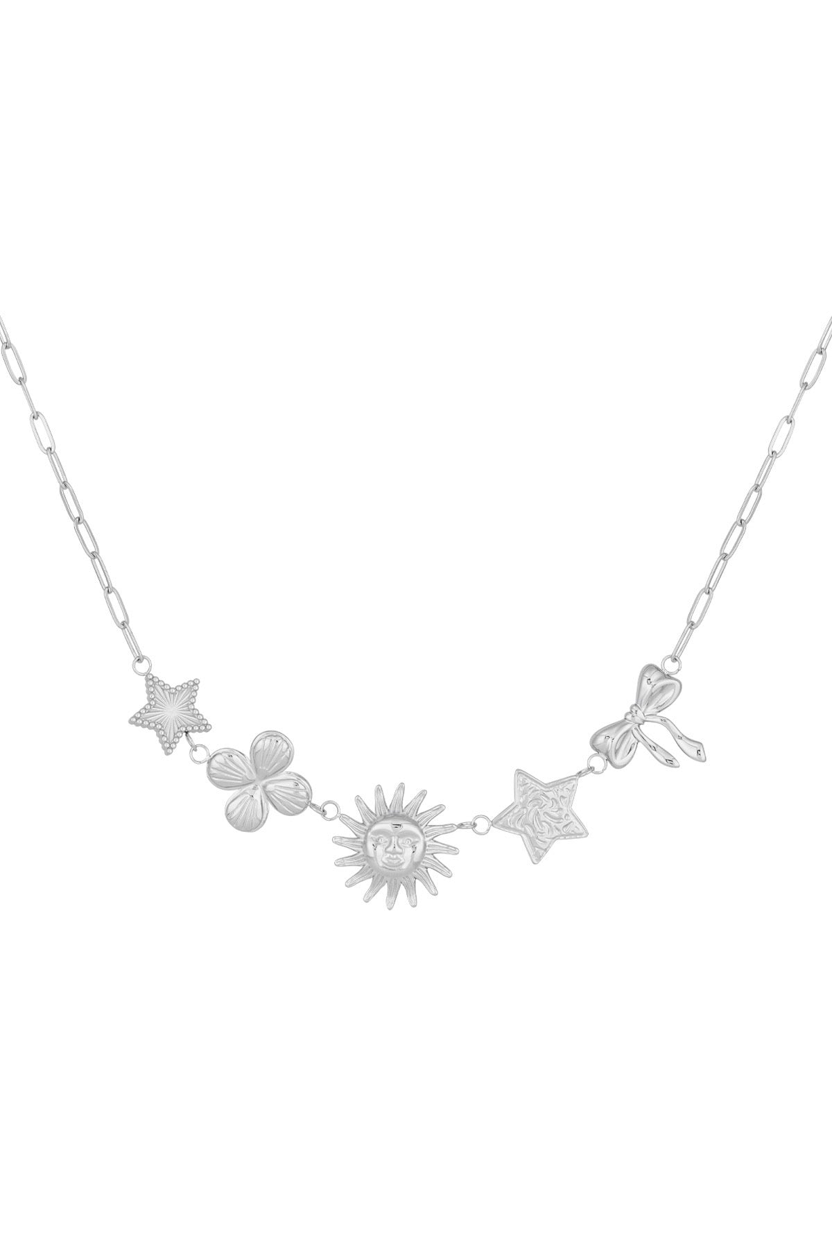 Statement ketting met verschillende figuurtjes van bloem, zon, ster en strik in het zilver