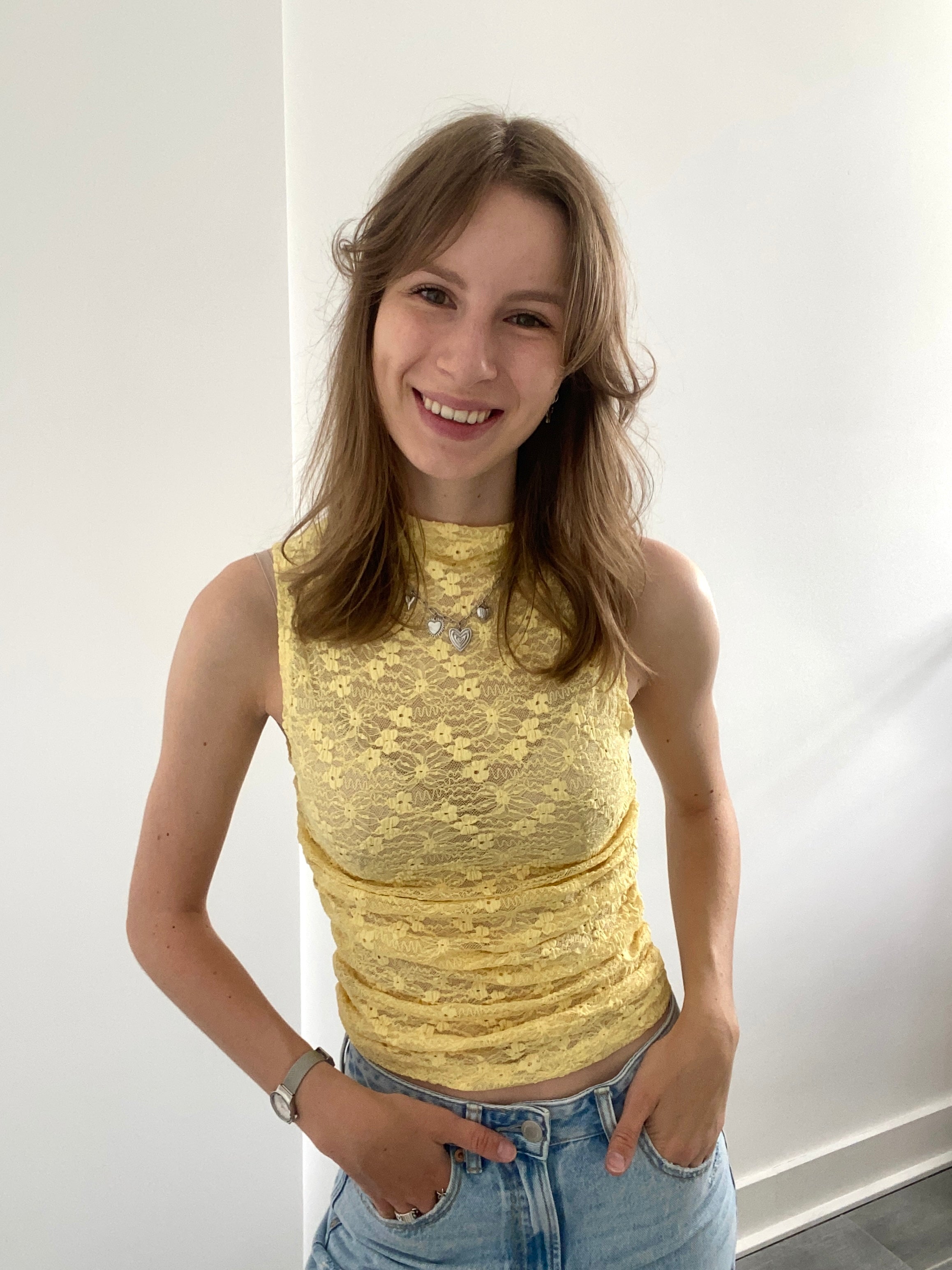 Lace mesh top mouwloos in het geel
