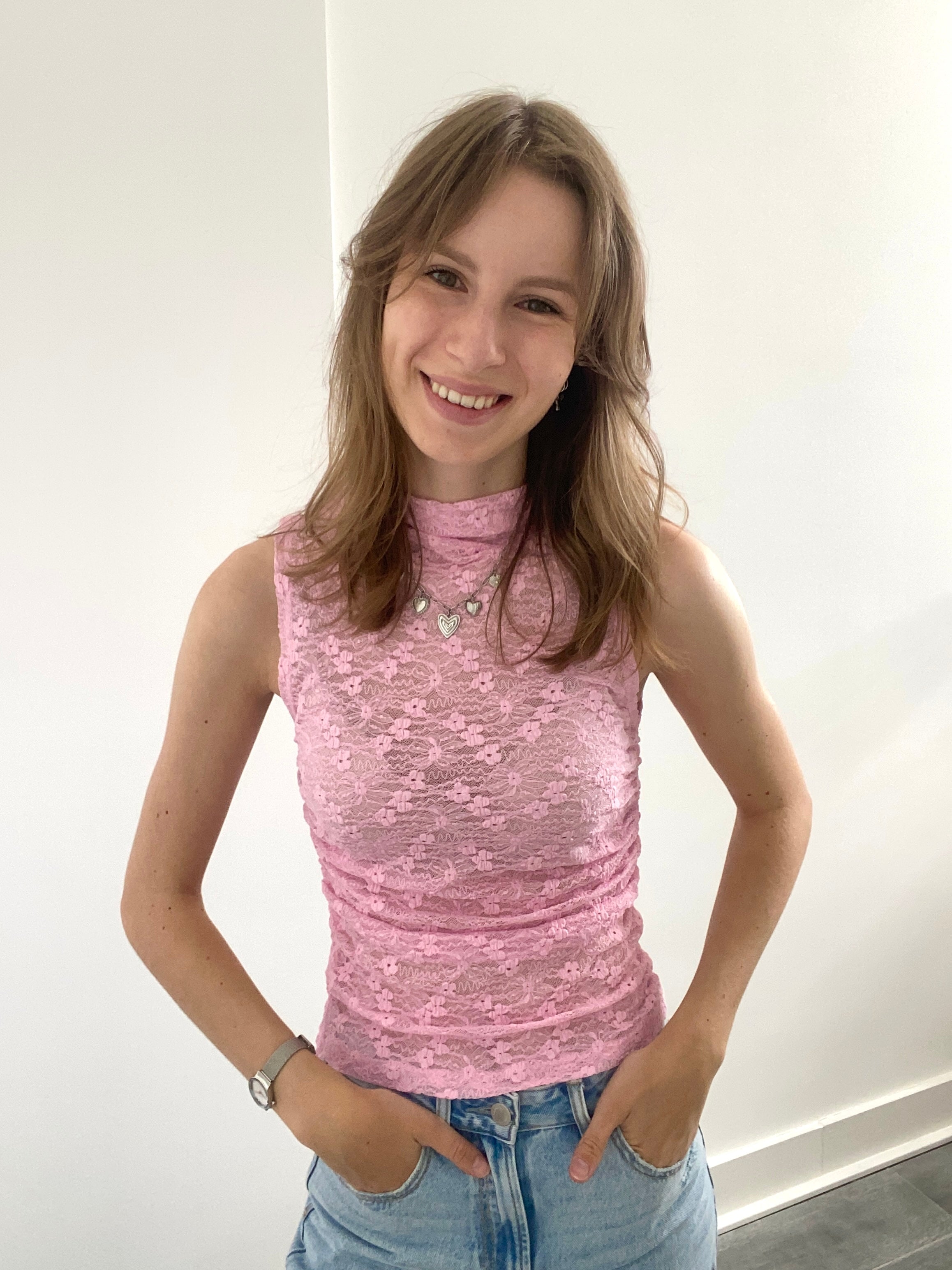 Lace mesh top mouwloos in het roze