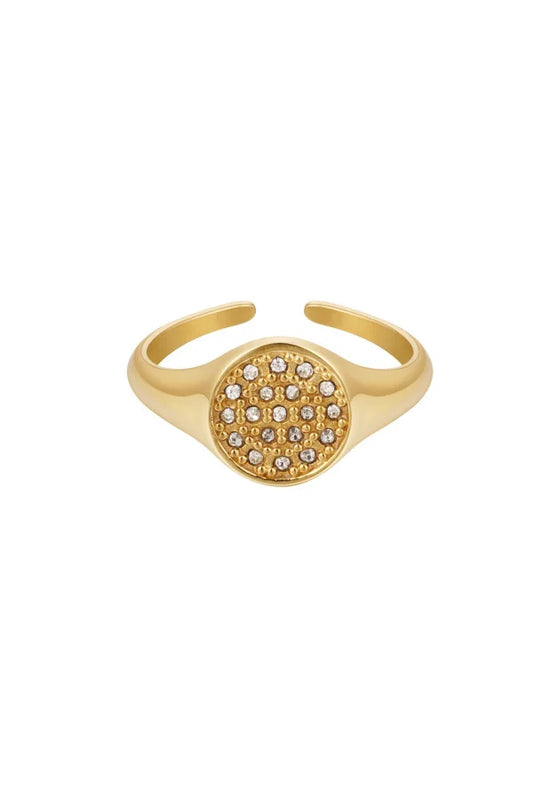 Statement ring met cirkel en glitters in het goud