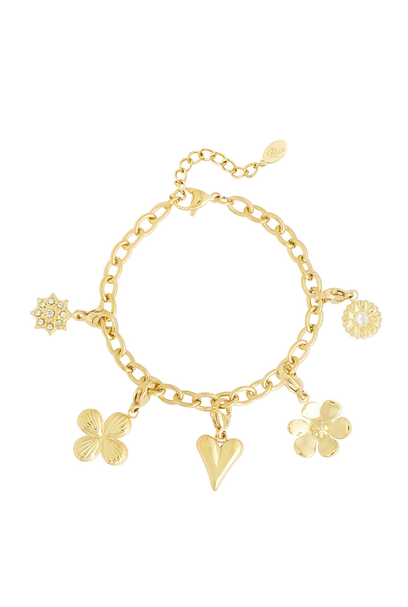 Bedelarmband goudkleurig bloemen en hart stainless steel waterproof