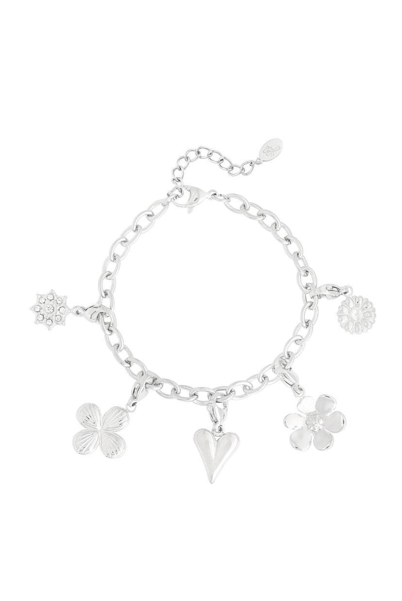 Waterproof armband zilverkleurig bedels van bloemen en hart