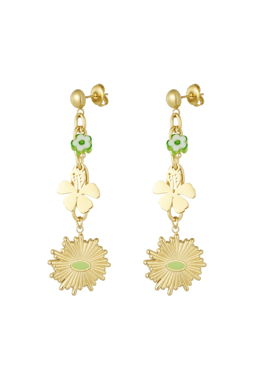 Statement bloemen oorbellen met groene details