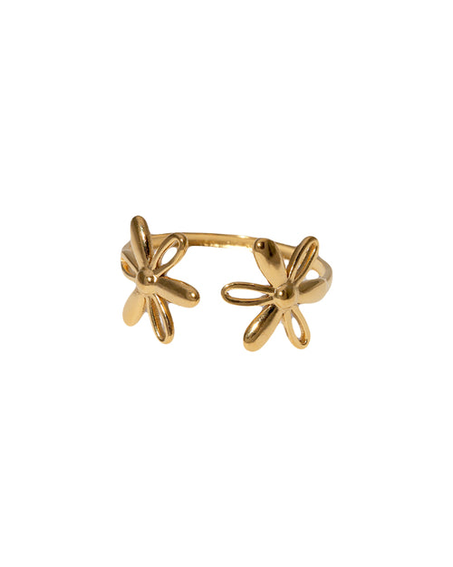 Ring met twee bloemen in het goud