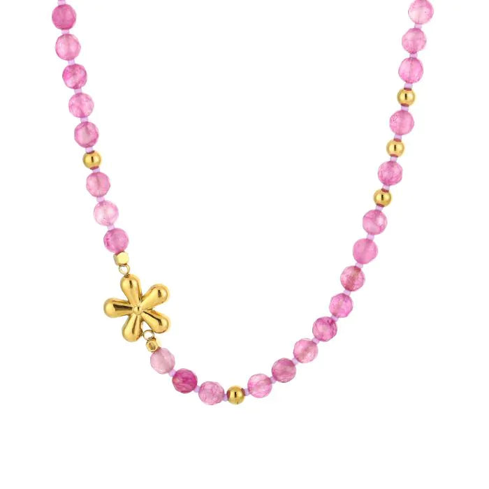 Kralenketting met roze kralen en gouden bloem