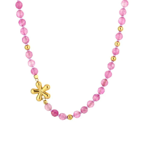 Flower Beaded Necklace - Pink