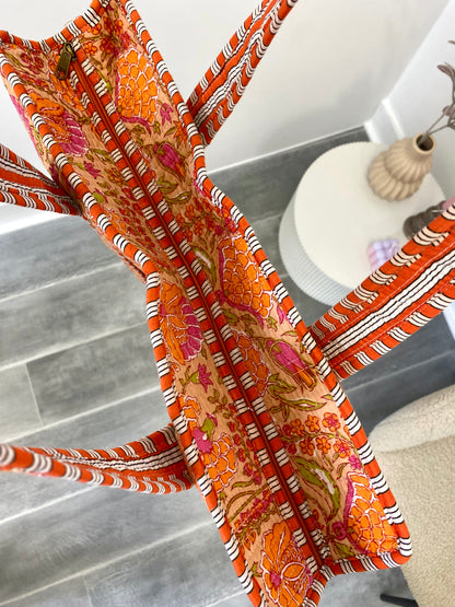 Shopper tas met rits en bloemenprint oranje roze