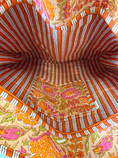 Shopper tas met rits en bloemenprint oranje roze