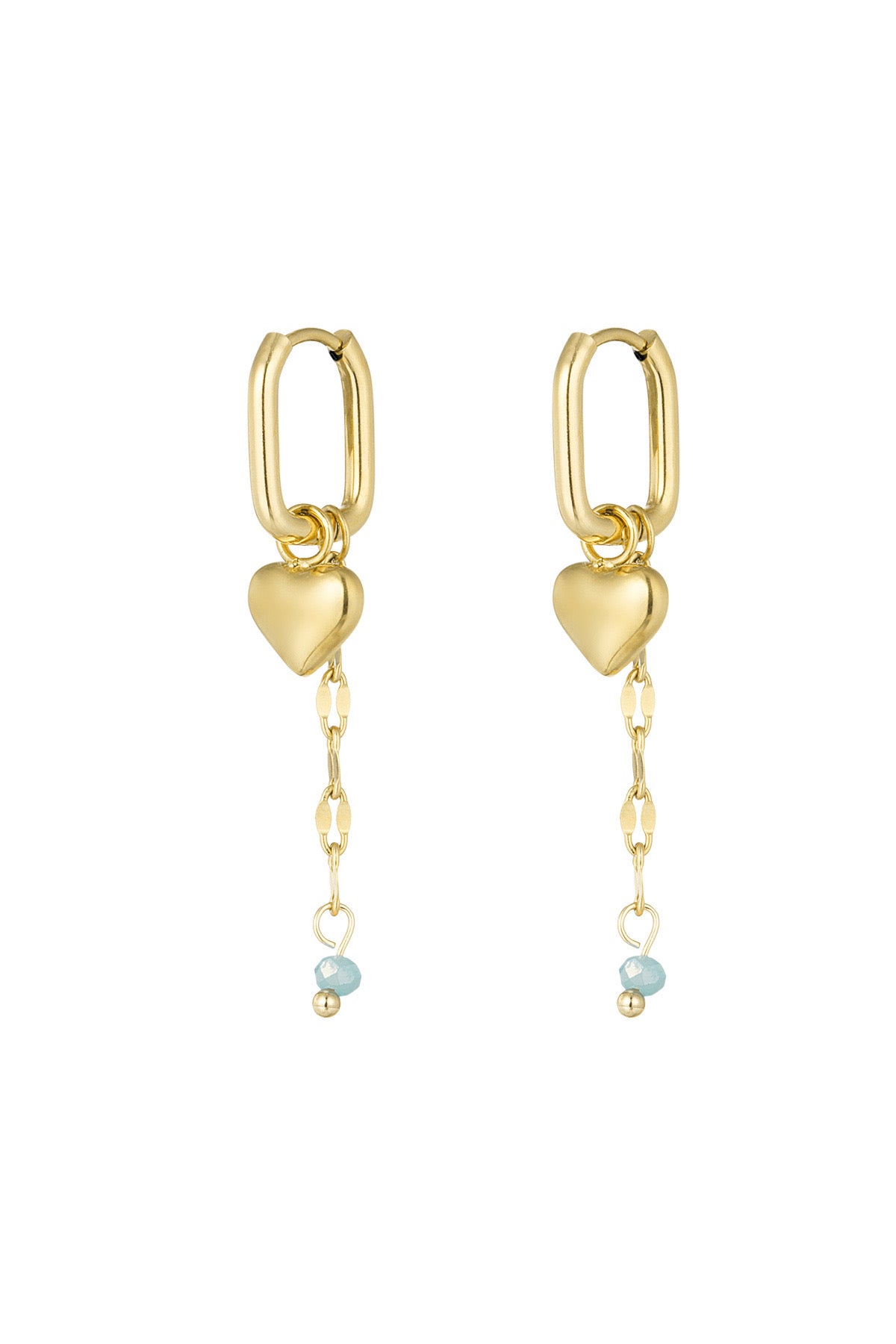 Hartjes oorbellen met blauwe details in het goud