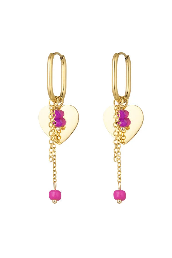 Oorbellen met hartjes hanger en roze details goud