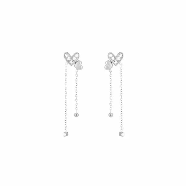 Oorstuds hangers van hartjes en steentjes met sliertjes in het zilver