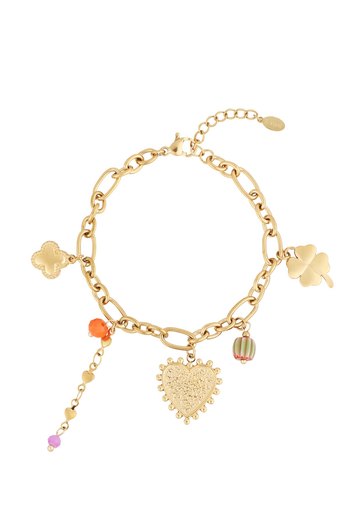 Bedelarmband met klaver, hartje en kralen goud