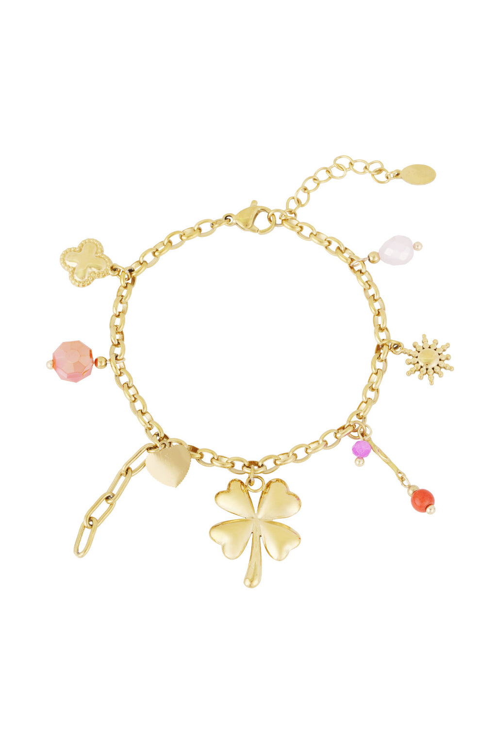 Bedelarmband met klaver, hart en kralen goud
