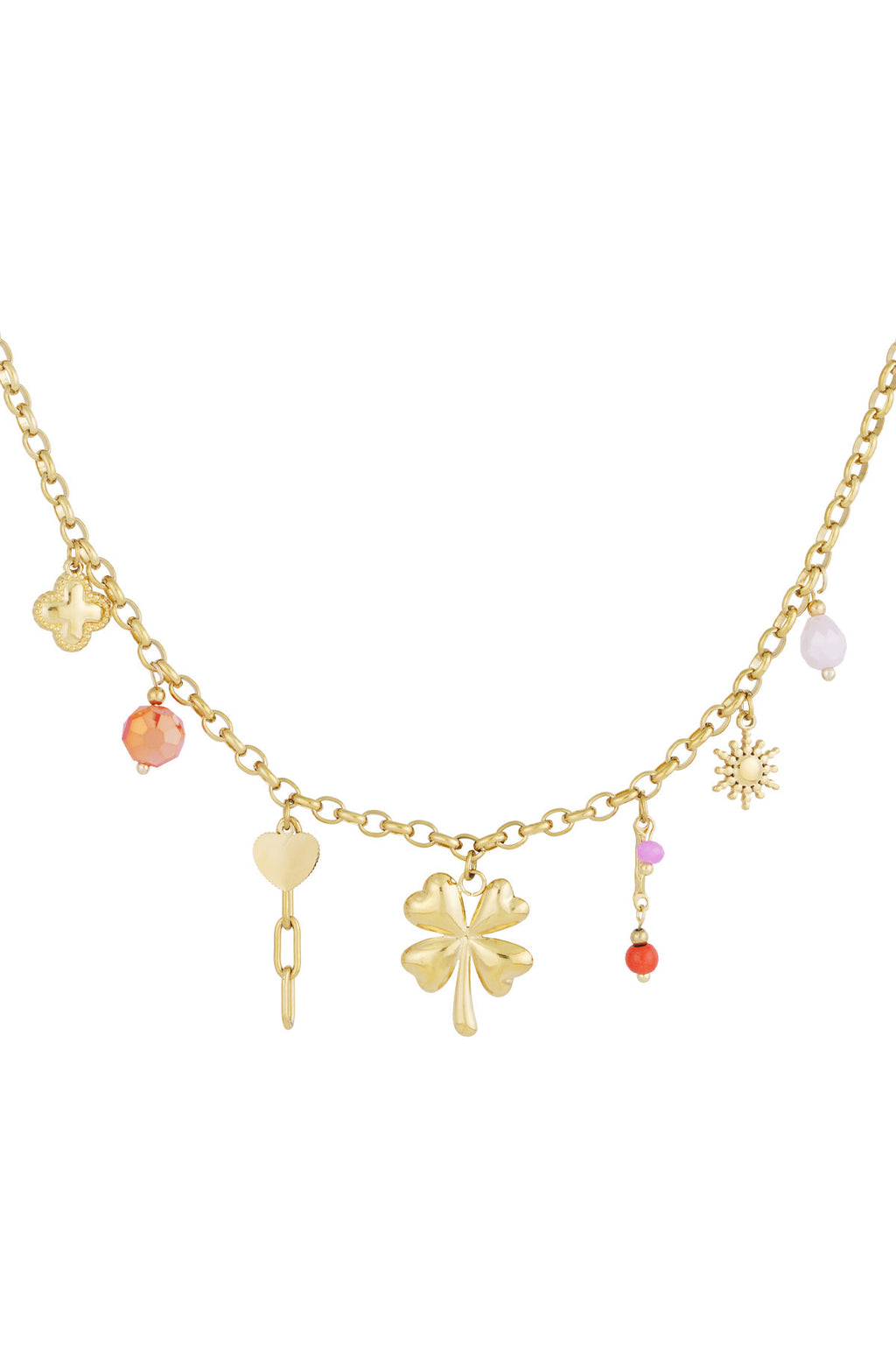 Bedelketting met klaver, hart en kralen bedels goud