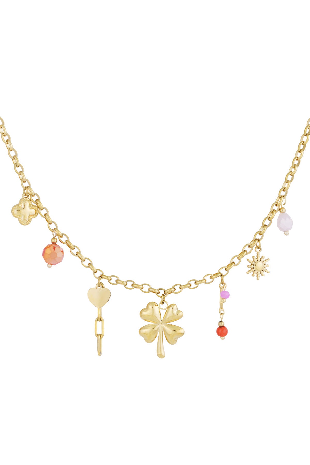 Bedelketting met klaver, hart en kralen bedels goud
