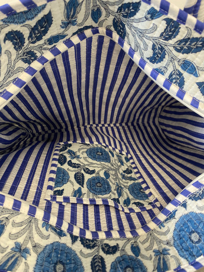 Grote tas met rits in blauwe bloemenprint