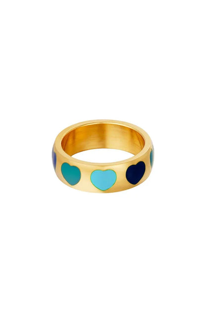 Ring in het goud met verschillende blauwe hartjes