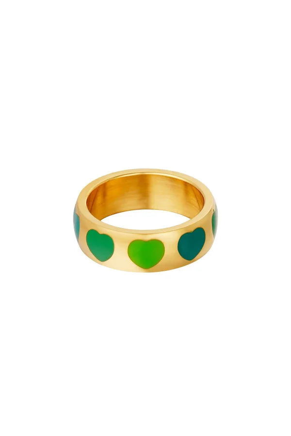 Gouden hartjes ring met groene harten