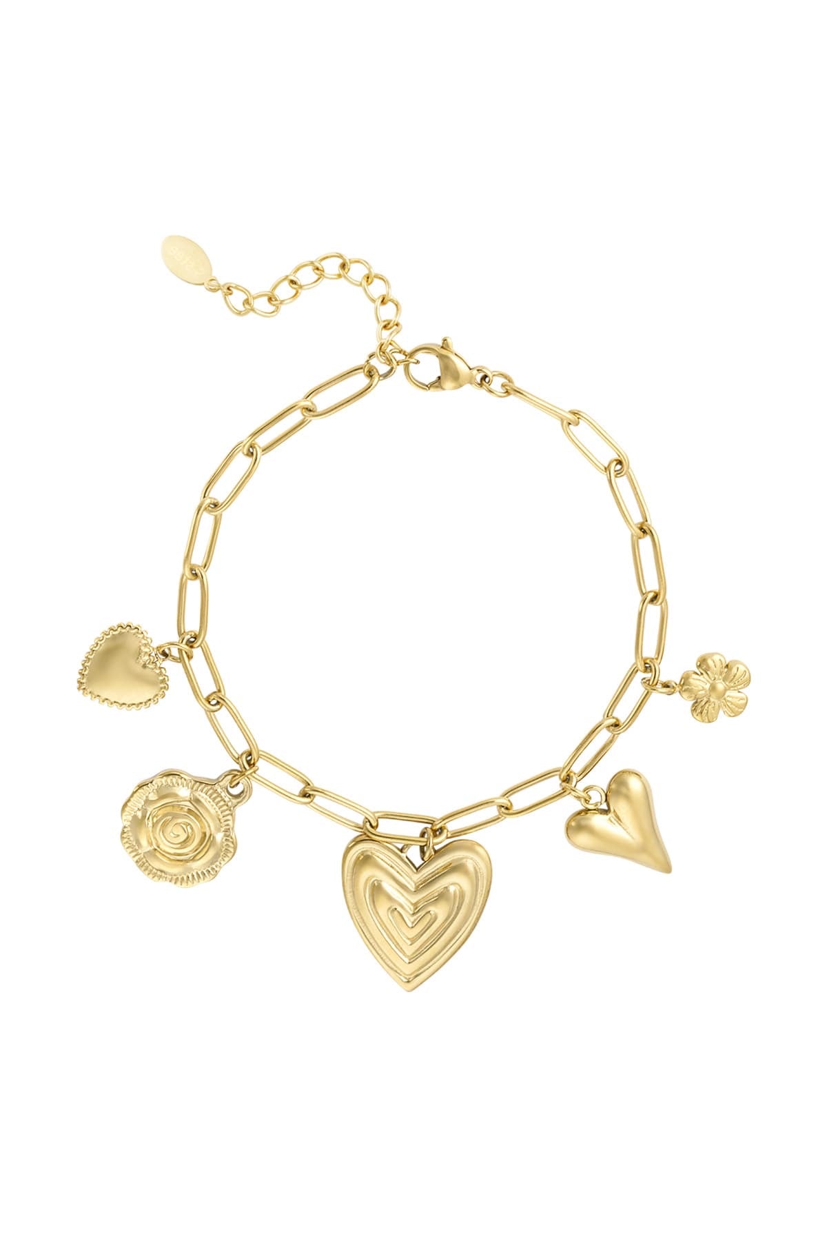 Bedelarmband goud met hartjes en bloemen bedels