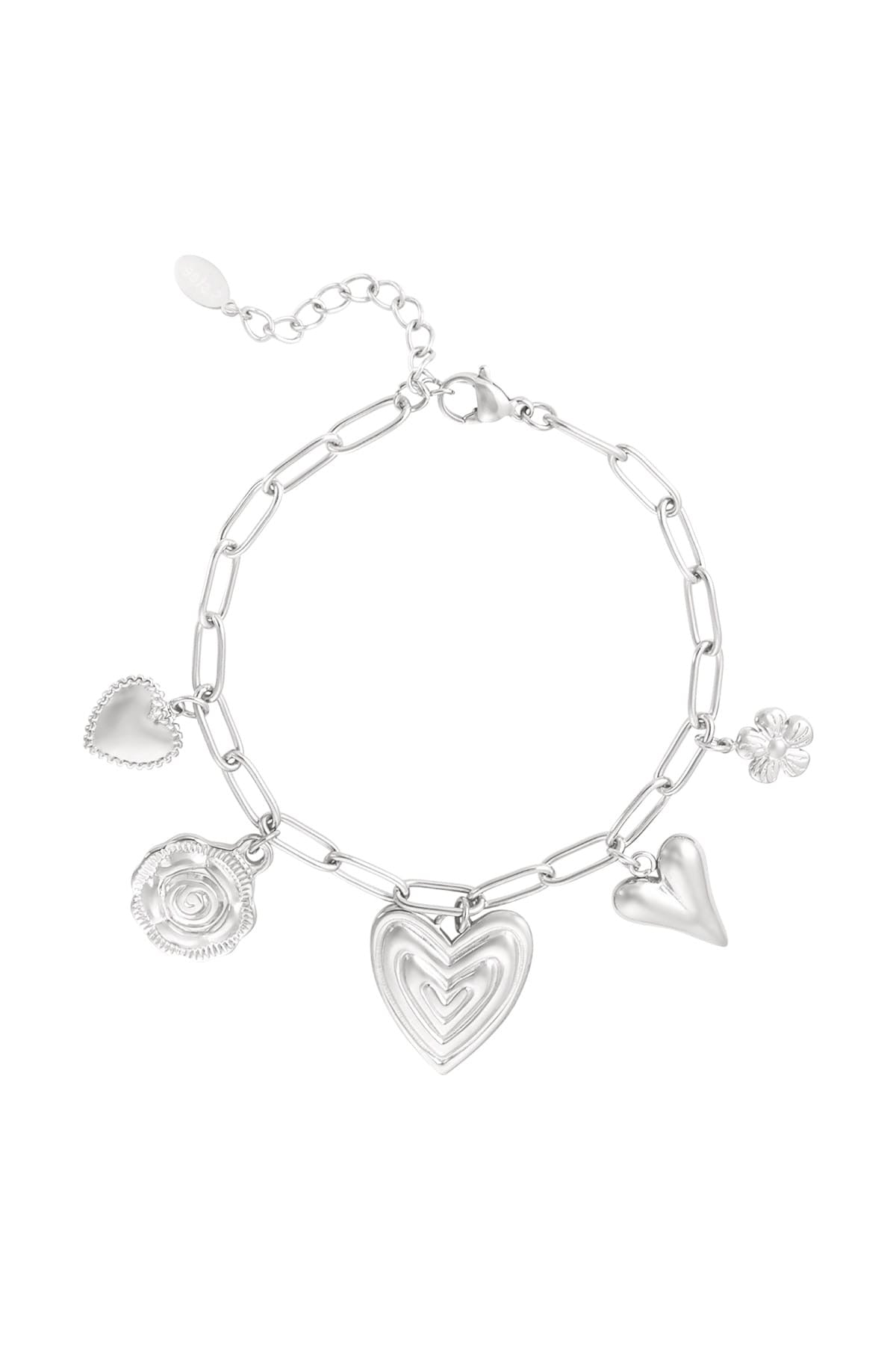 Bedelarmband met hartjes en bloemen bedels zilver