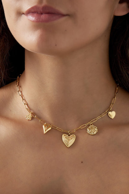 Bedelketting goud met hart en bloemen bedels